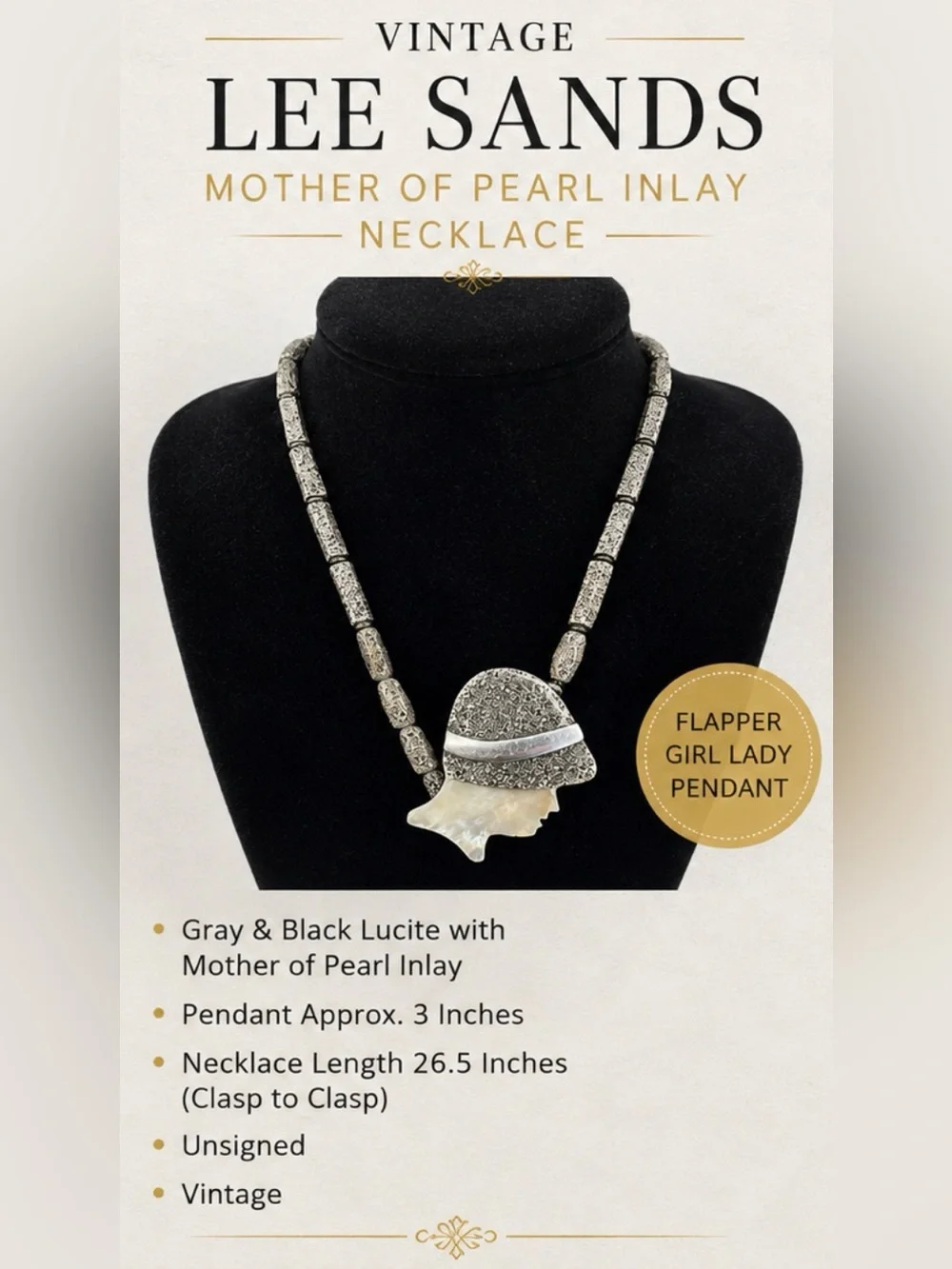 Lee Sands Mother of Pearl Flapper Girl Necklace - Gray & Black